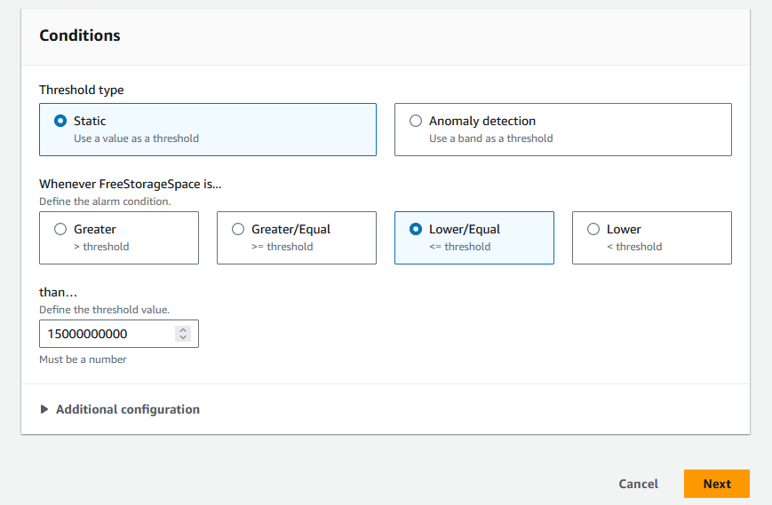 Alarm Conditions Configuration: CloudWatch alarm conditions page showing threshold type options (Static vs Anomaly detection).