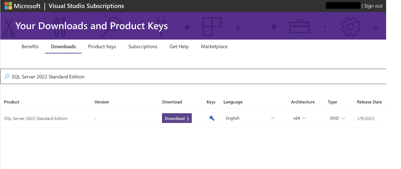 SQL Server 2022 Standard download page on the Visual Studio subscription portal showing English language and ISO format options