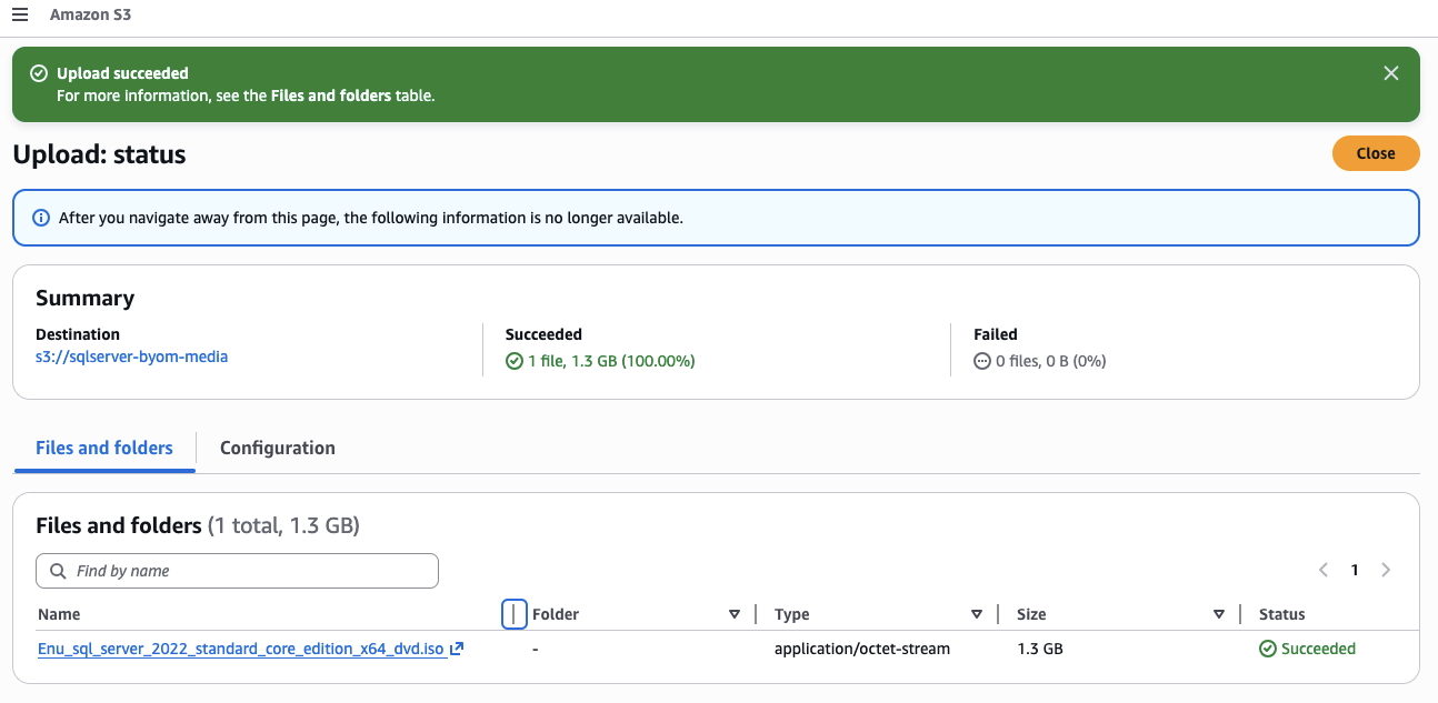 Amazon S3 console showing the sqlserver-byom-media bucket with the SQL Server RTM ISO file uploaded