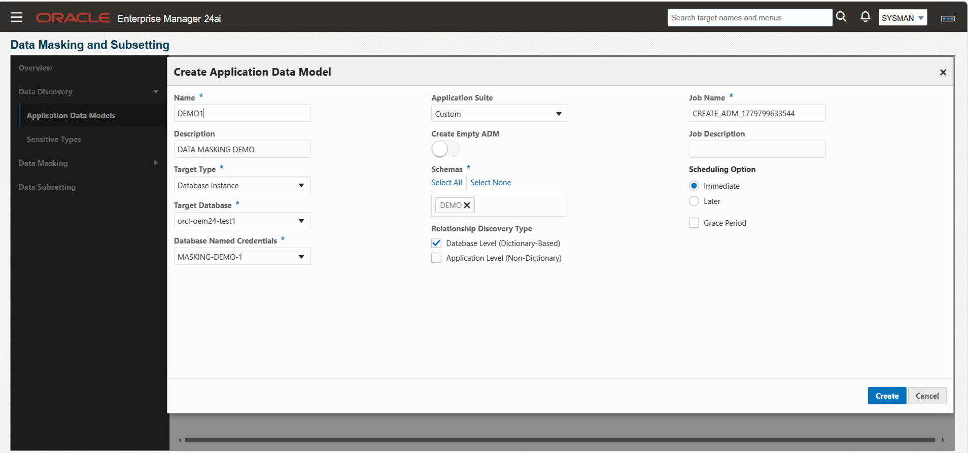 Screenshot of Oracle Enterprise Manager 24ai showing the Create Application Data Model dialog with fields for Name (DEMO1), Description (DATA MASKING DEMO), Target Type (Database Instance), Target Database (orcl-oem24-test1), Database Named Credentials (MASKING-DEMO-1), and Schemas (DEMO) selected.
