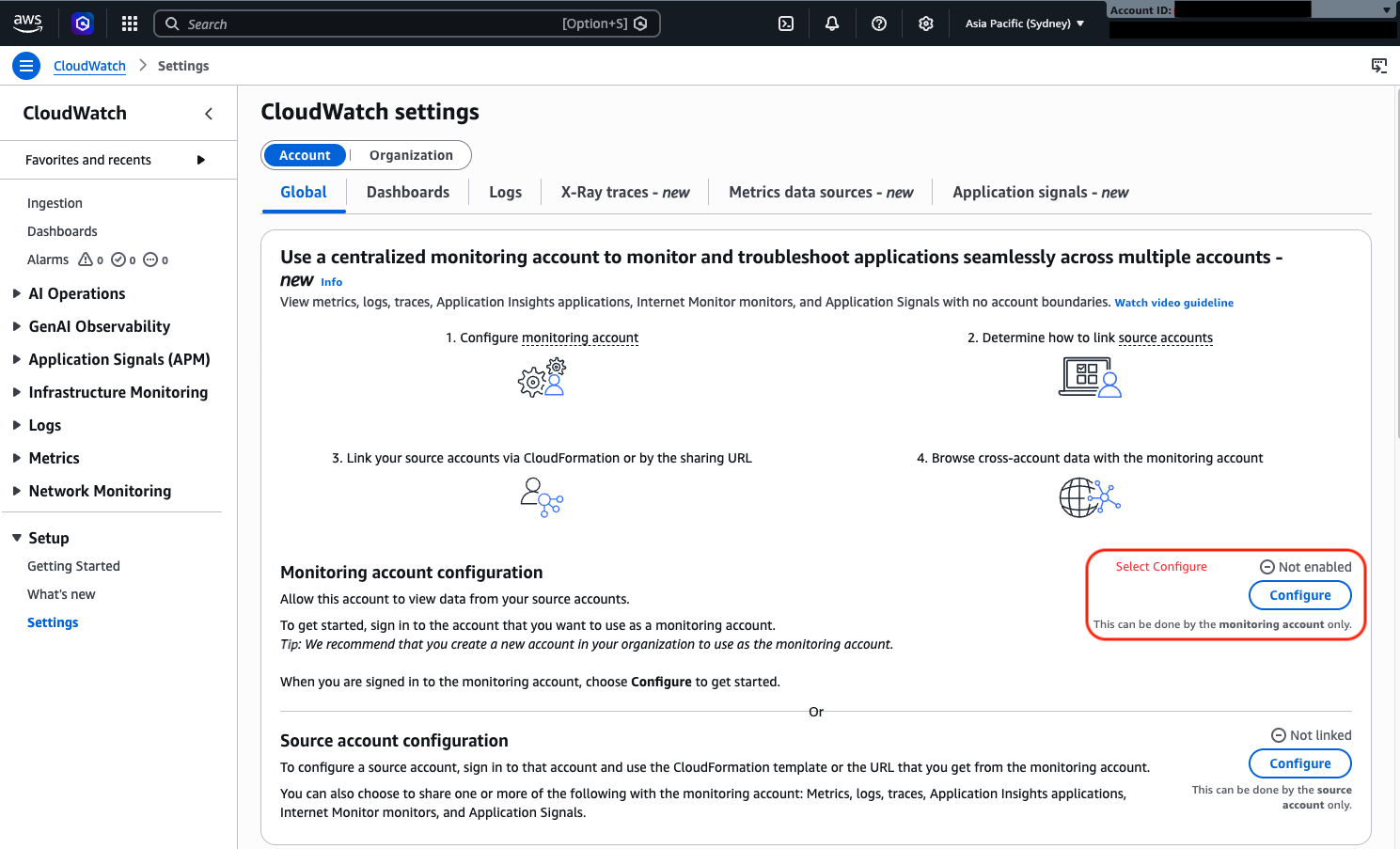 Screenshot of the Amazon CloudWatch console Settings page showing the Monitoring account configuration section with a Configure button.