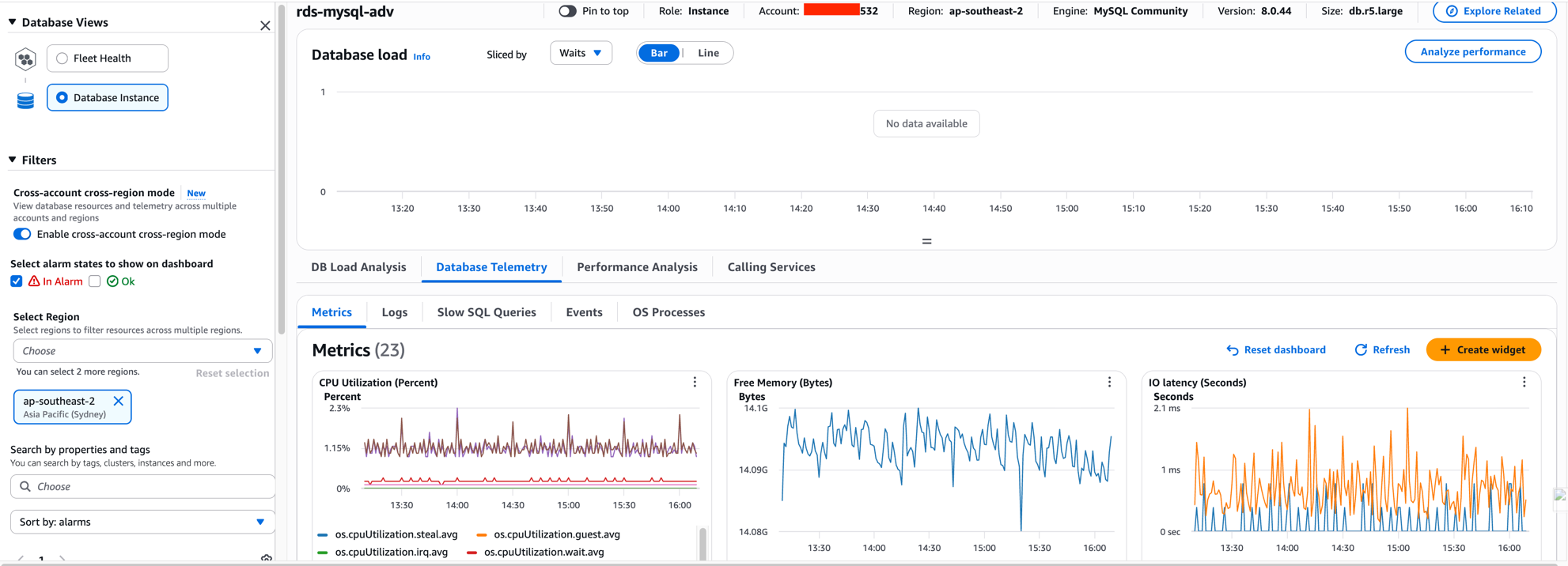 Screenshot of a detailed view of an individual database instance showing database load metrics, the top queries contributing to DB load, and top wait events in a centralized monitoring interface.