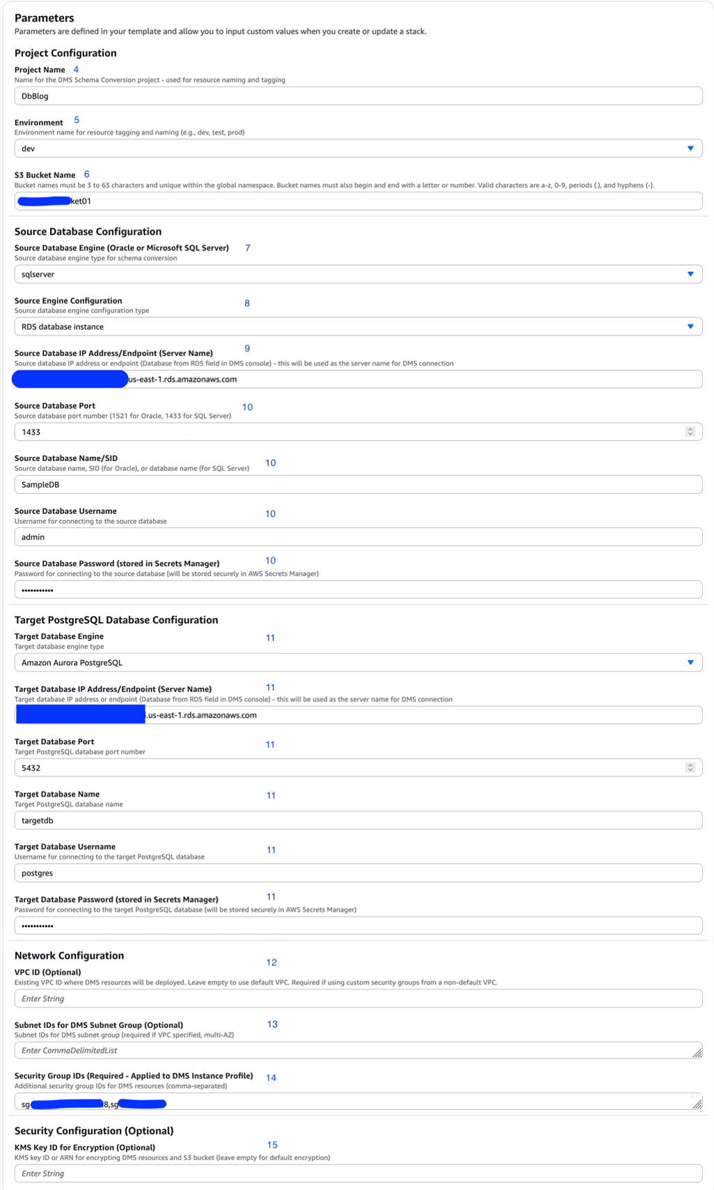 AWS CloudFormation stack parameters for DMS Schema Conversion configuration