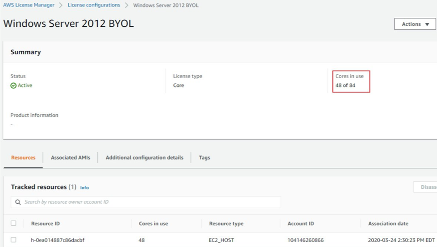 number of consumed cores in license manager console