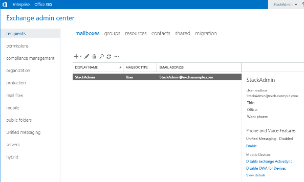 Screenshot of Exchange Administration Center