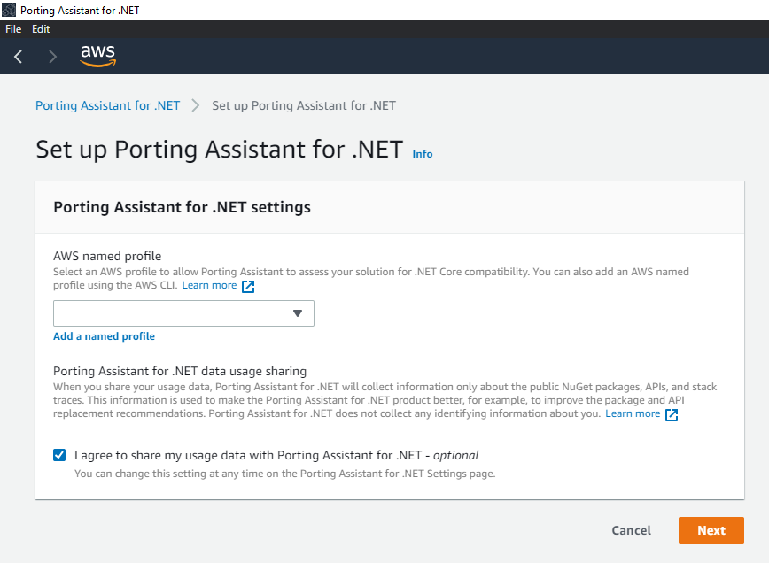 The setup page to provide AWS CLI profile information and optional consent to share the usage data with Porting Assistant for .NET