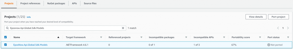 Image of Projects tab showing selection of the project to port to enable the Port project option.