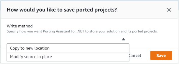Image of console showing option to select the location to save ported project – new location or modify the source.