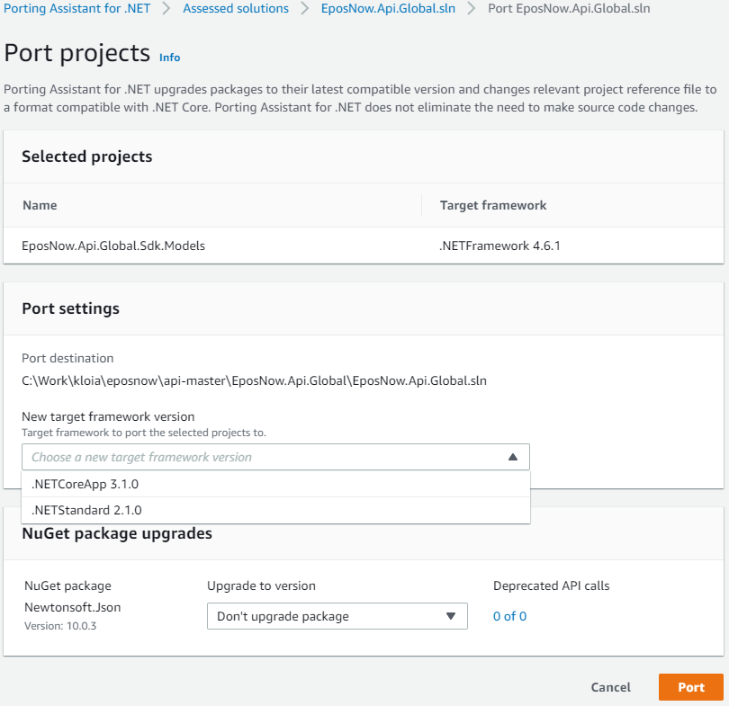 Image of Port Projects page to select the target framework to port the selected projects.
