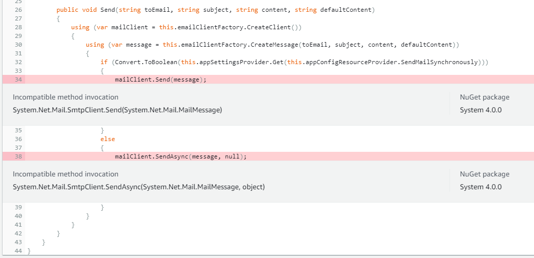 On choosing a source file, the code lines with incompatible API calls are highlighted showing the exact incompatible method invocation