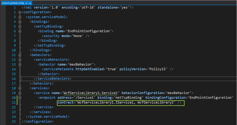 CoreWCF ported config