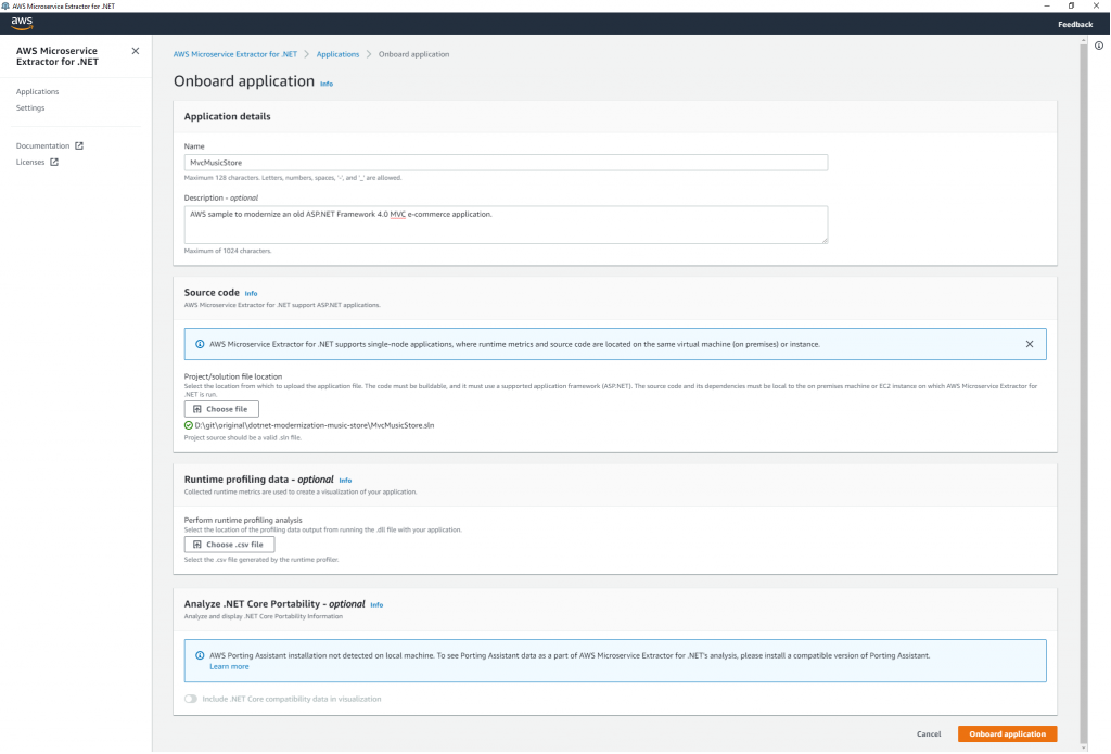 Figure 1: Onboard an application in AWS Microservice Extractor for .NET.