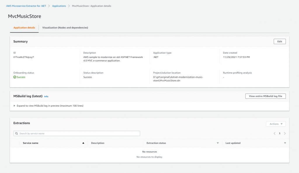 Figure 3: Application details tab of AWS Microservice Extractor for .NET.