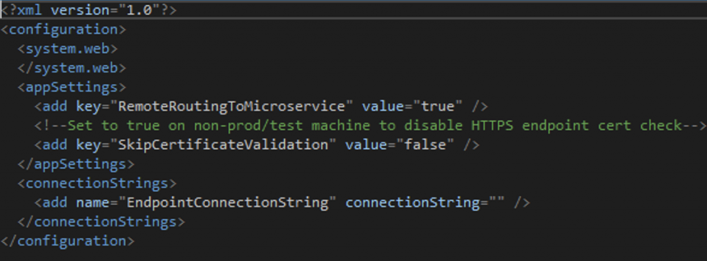 Figure 8: Web config to provide EndpointConnectionString of the extracted service.