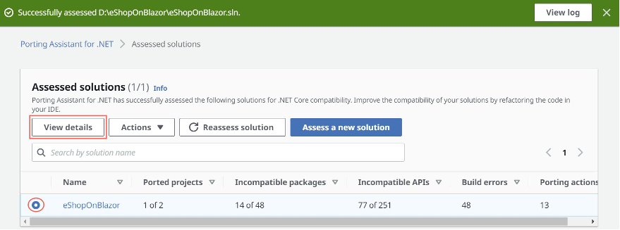 Figure 2 – Assessed solutions list showing eShopOnBlazor