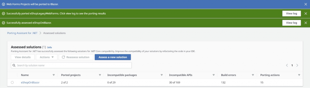 Figure 7 – Assessed solutions list post porting