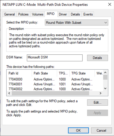 Figure 4 – Disk Device Properties, MPIO tab for LUN connected via iSCSI