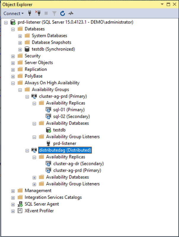 View of production cluster on Object Explorer