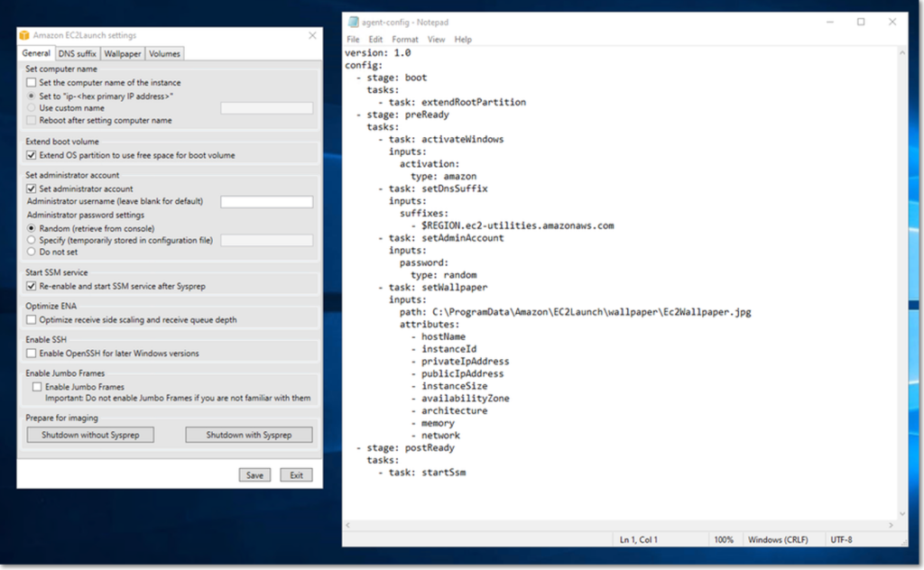 Figure 2 - EC2Launch v2 settings dialog box and agent configuration file.