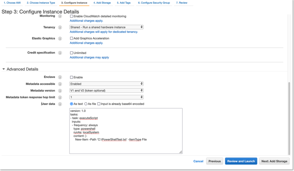 Figure 3 - Example of user data configuration for an instance during EC2 launch wizard.