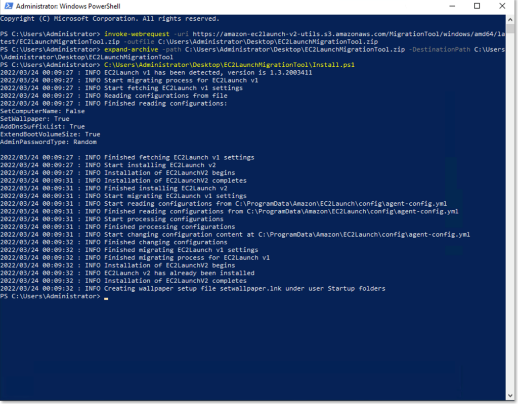 Figure 4 – Running install.ps1 after extracting the content of the migration tool package.