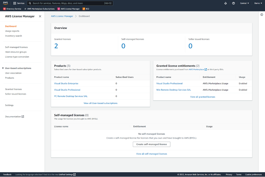 User based product list on AWS License Manager