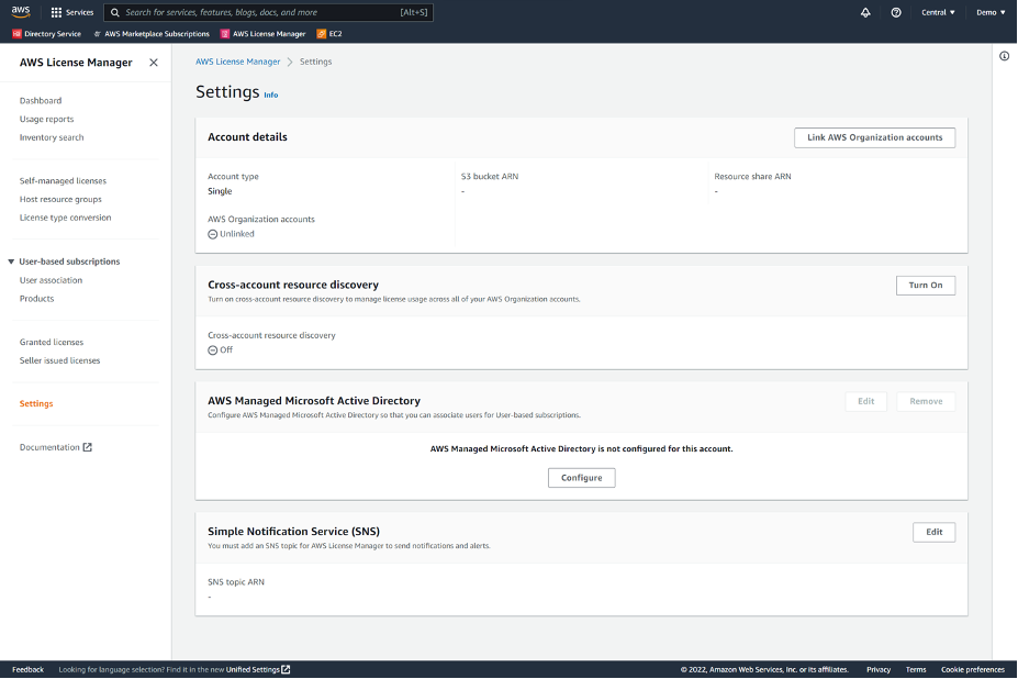 AWS Licesne Manager Settings Screen