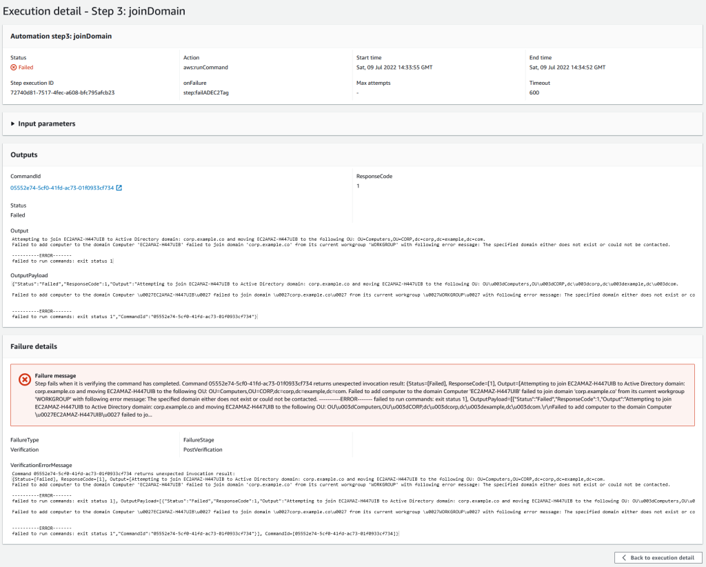 Figure 15: An example of a failed step details and outputs.