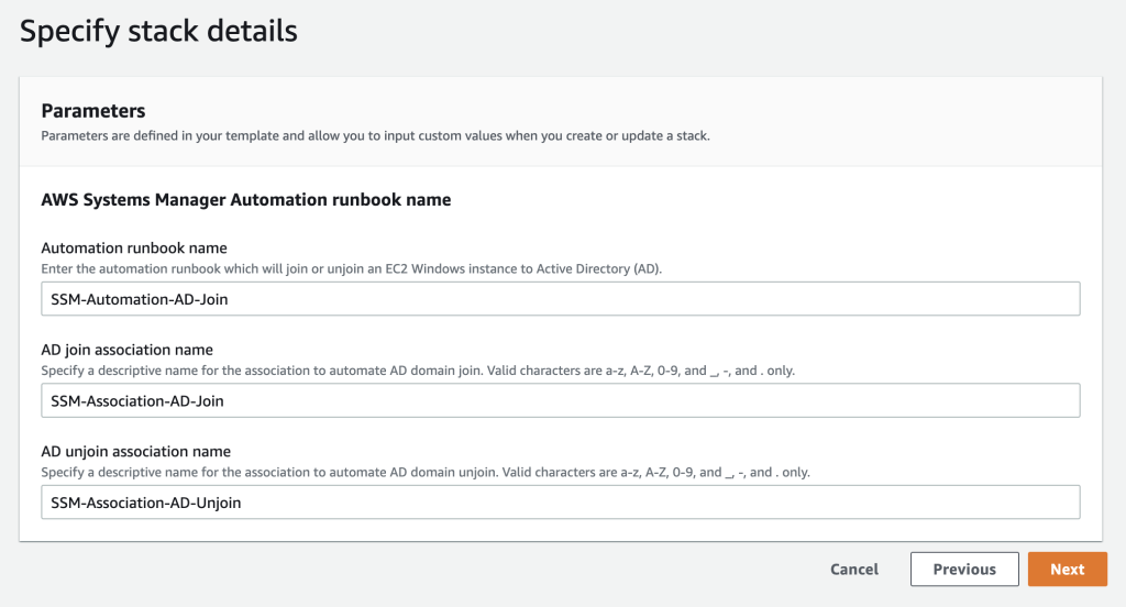 Figure 1: Example screenshot of AWS CloudFormation stack creation.