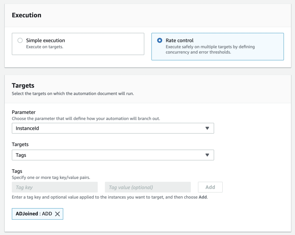 Figure 4: Execution and Targets configuration to domain join Windows EC2 instances.