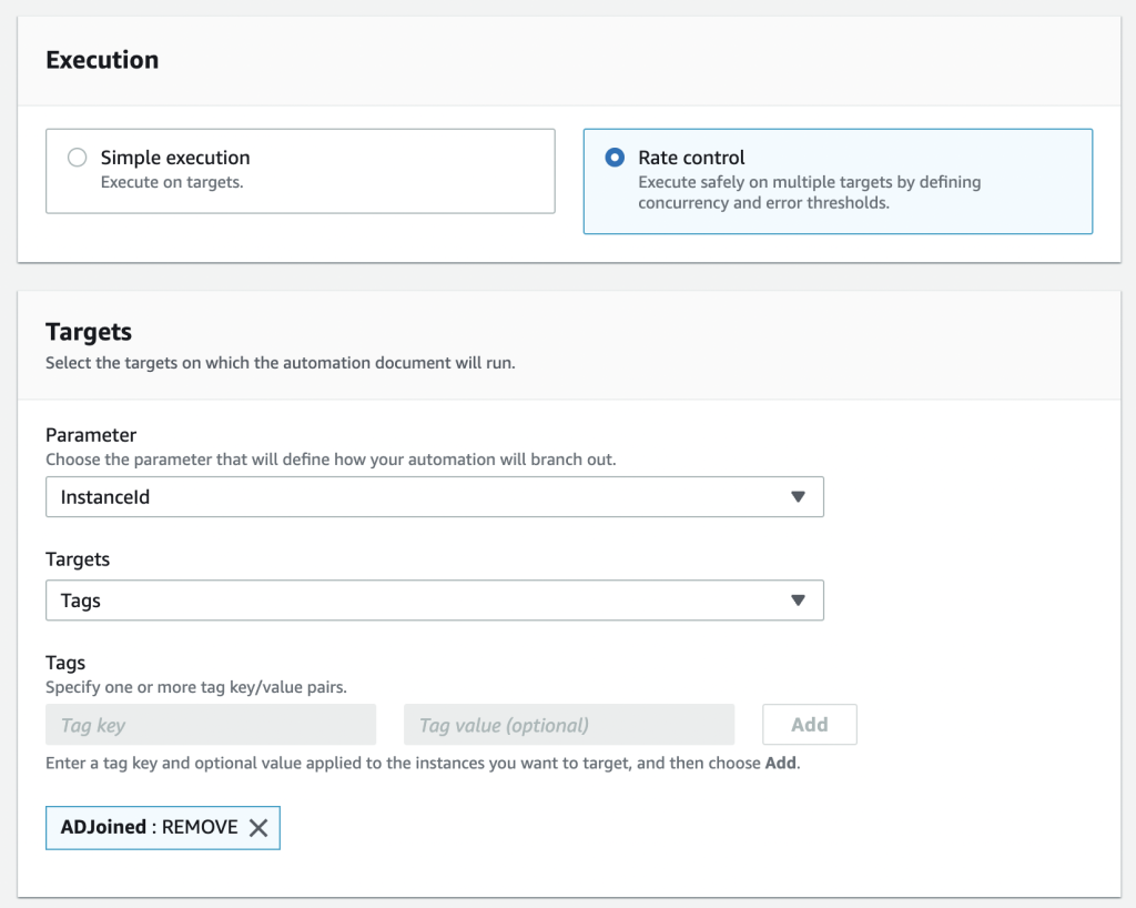 Figure 5: Execution and Targets configuration to domain unjoin Windows EC2 instances.