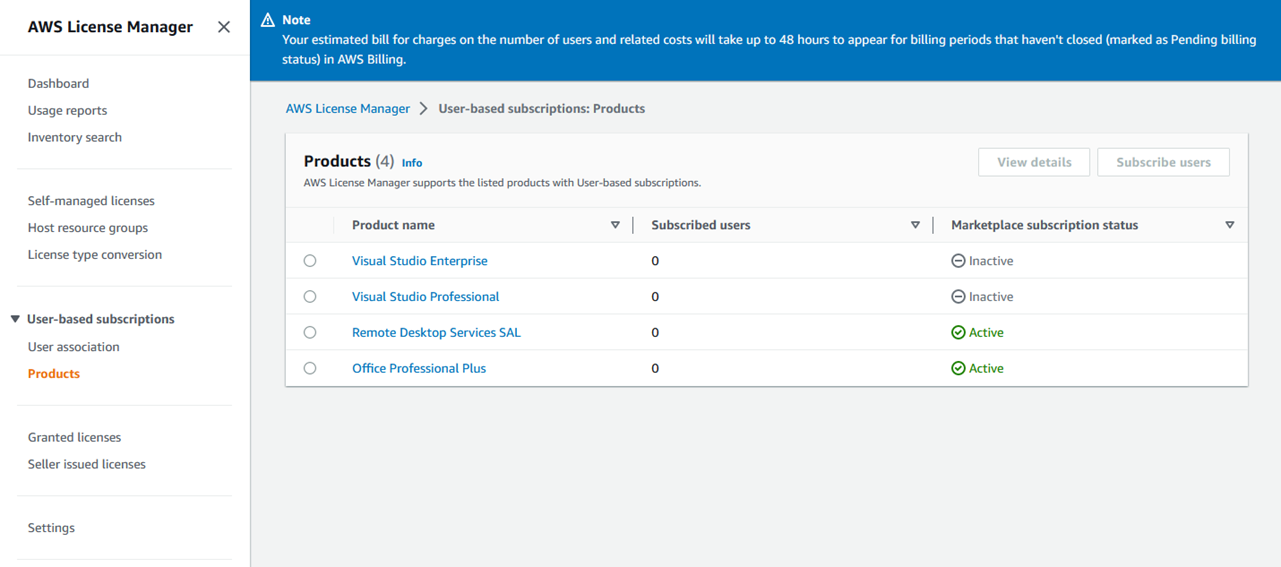 AWS Management Console snippet of the License Manager Products section
