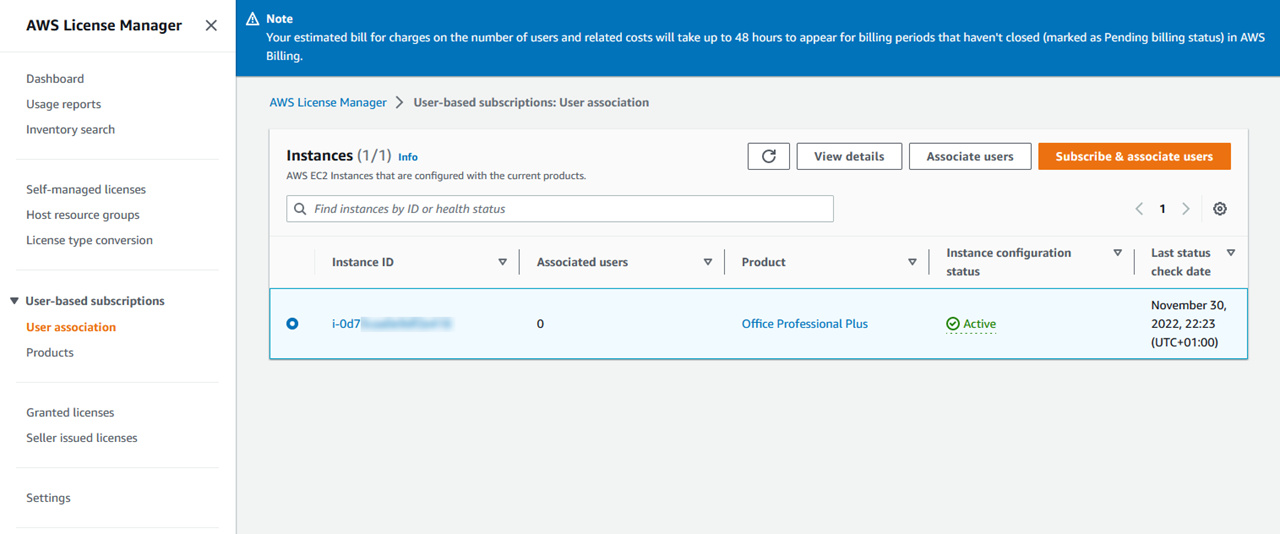 AWS Management Console snippet of the License Manager User association section