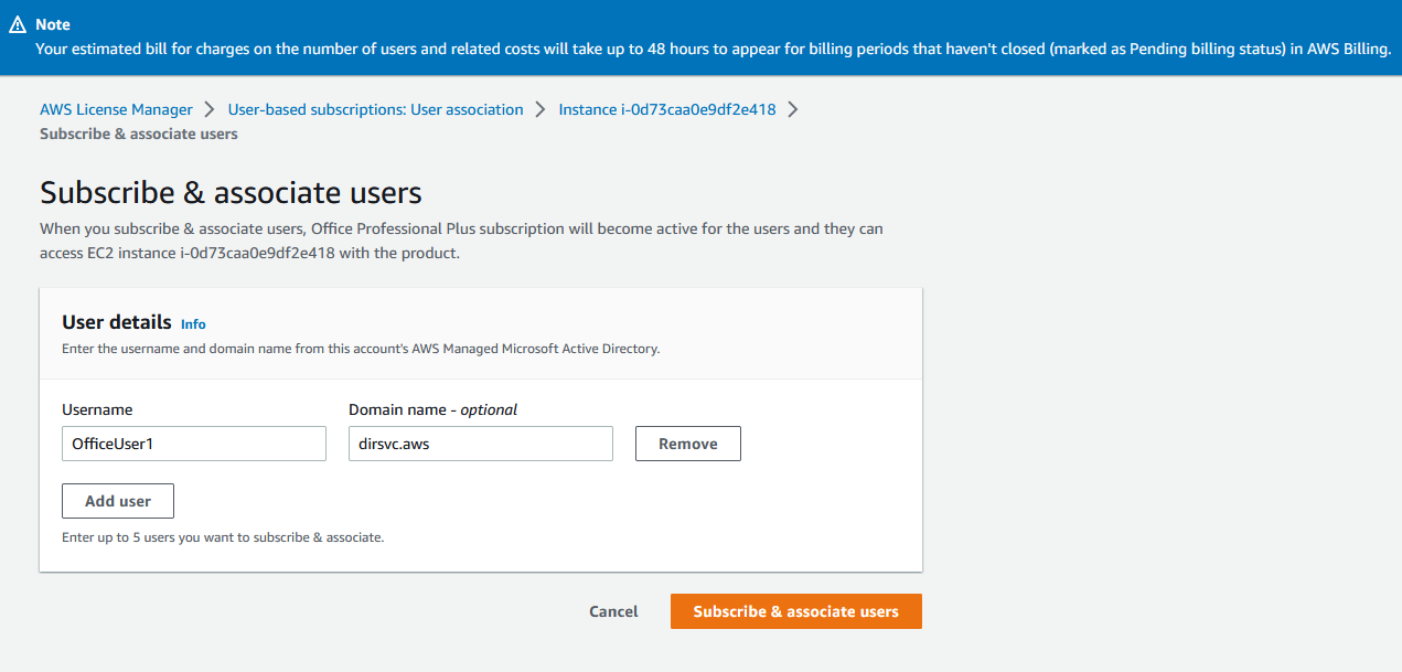 AWS Management Console snippet of the License Manager Subscribe & associate users option