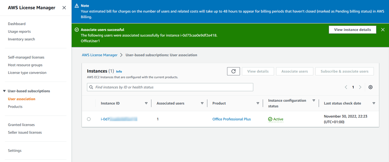 AWS Management Console snippet of the License Manager User association section