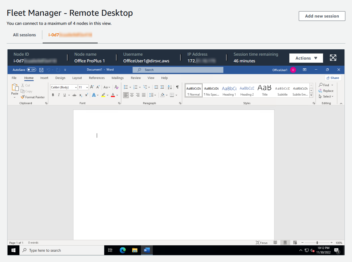 AWS Management Console snippet of the Fleet Manager remote desktop session