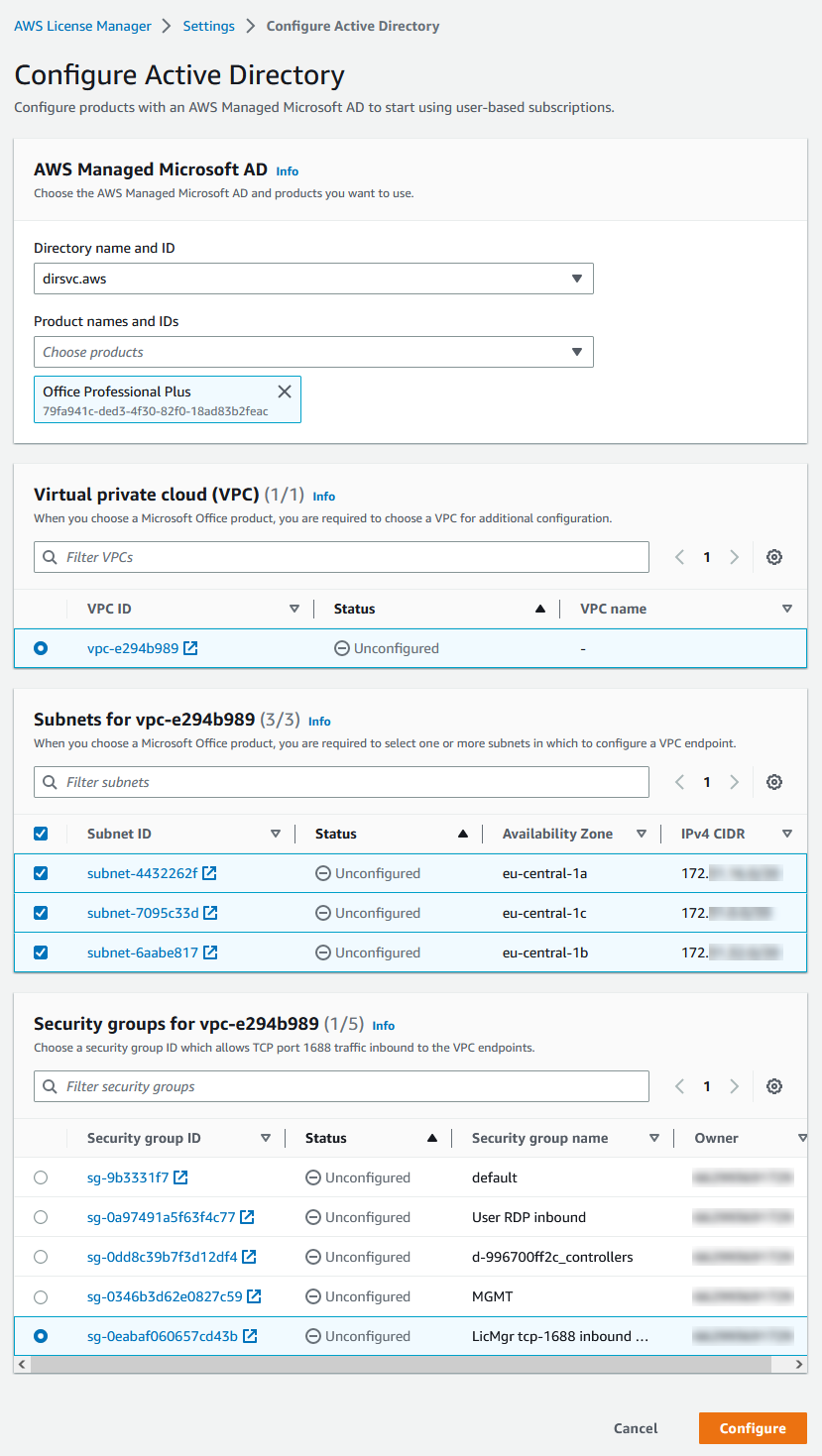 AWS Management Console snippet of the Configure Active Directory option