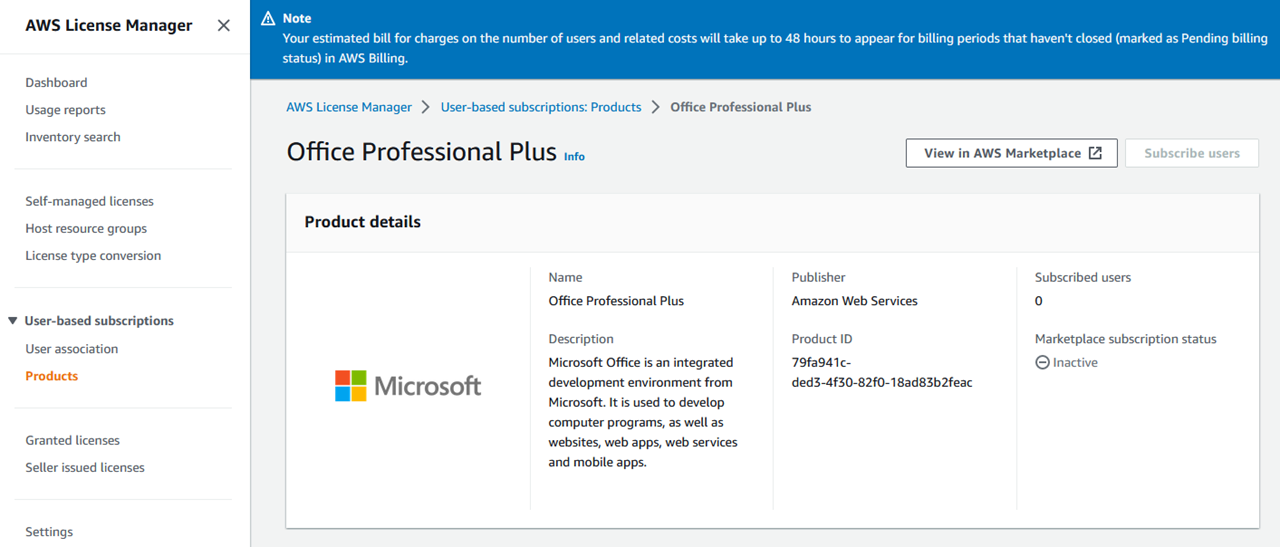 AWS Management Console snippet of the Office Professional Plus product details section