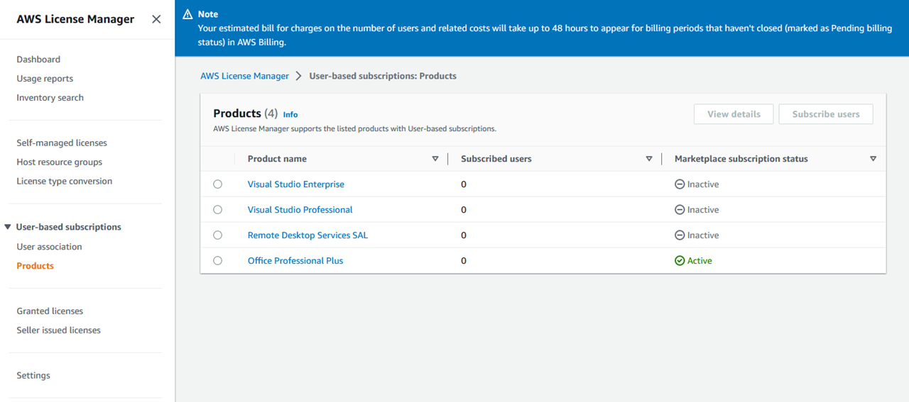 AWS Management Console snippet of the License Manager Products section