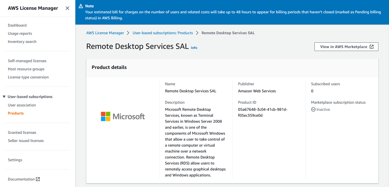 AWS Management Console snippet of the Remote Desktop Services SAL product section
