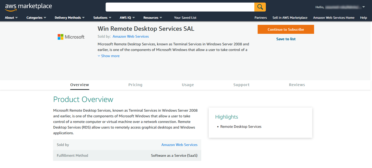 AWS Management Console snippet of the AWS Marketplace Win Remote Desktop Services SAL section