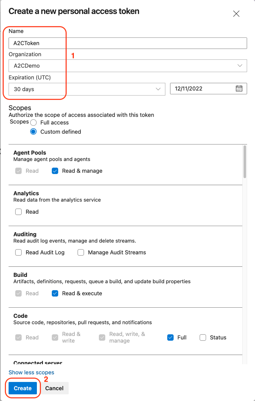 Figure 2.2: Create Personal Access token – Azure DevOps Portal