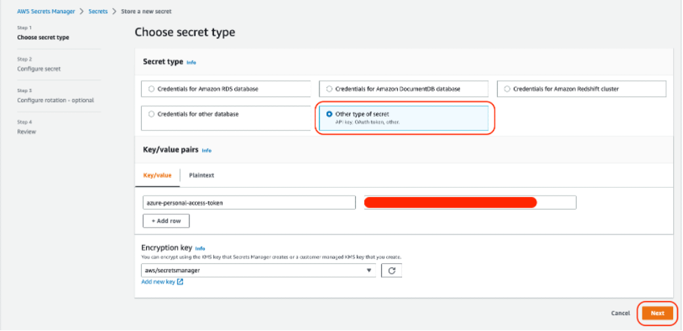 Figure 3: Create AWS Secrets Manager Secret – AWS Console