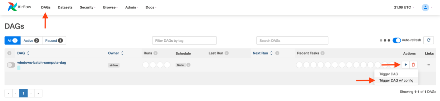 MWAA UI console and trigger buttons for workflow
