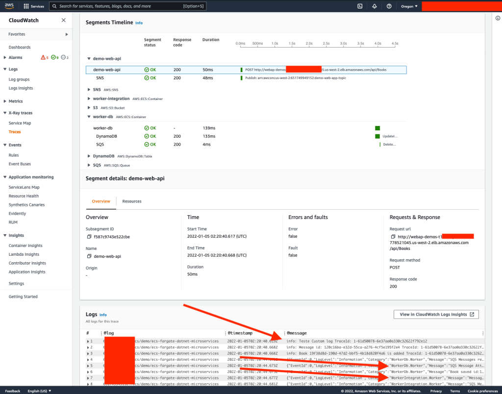 Logs filtered by trace ID