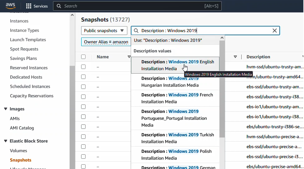 The Amazon EC2 console entering Windows 2019 English Installation Media filter