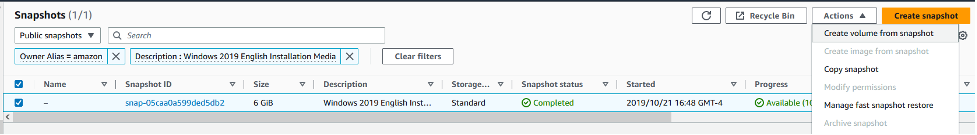 Amazon EC2 Console showing snapshot list and action “create volume from snapshot”