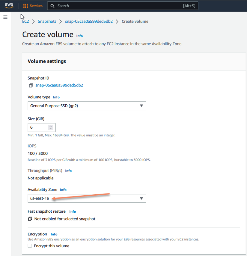 Amazon EC2 console showing volume settings menu, how to check instance is in correct availability zone and action “create volume”