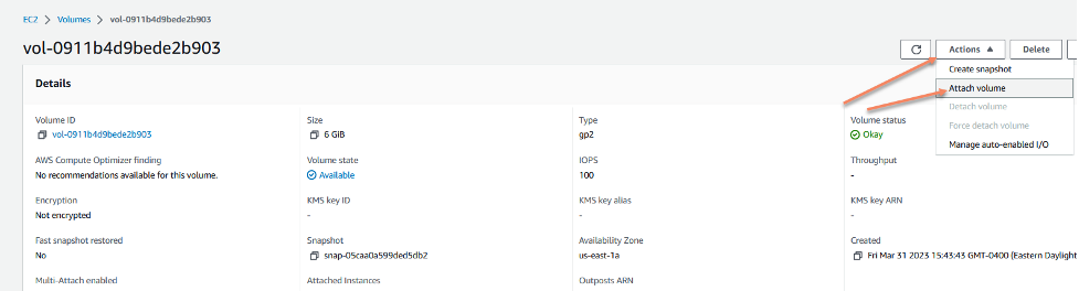 Amazon EC2 console specific volume details screen showing action and attachment of volume
