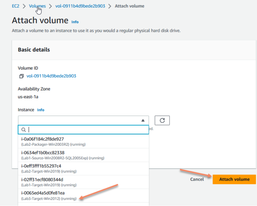 Amazon EC2 console specific volume details screen showing action and attachment of volume